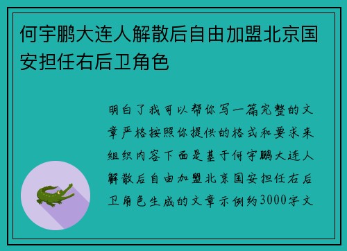 何宇鹏大连人解散后自由加盟北京国安担任右后卫角色